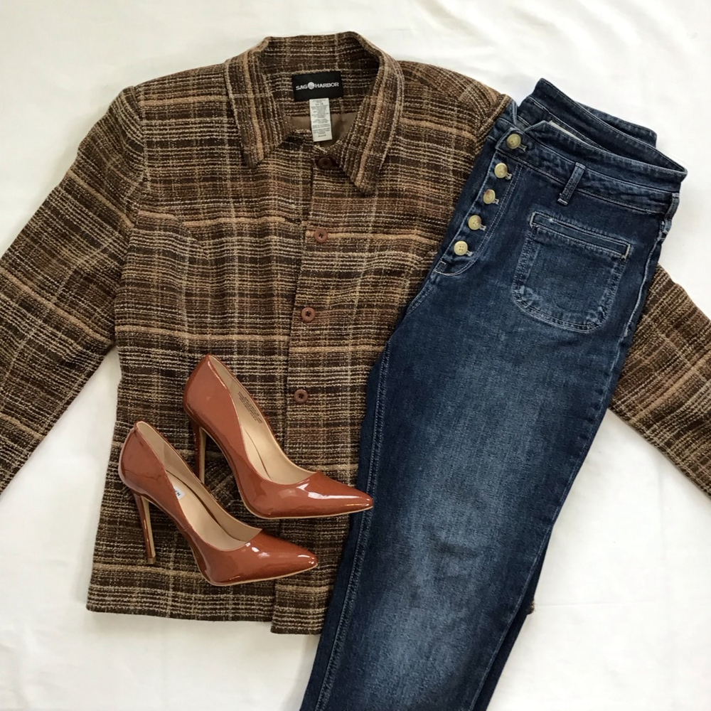 SAG HARBOR Vintage Women Brown Plaid Career Blazer, Size 14 - Picture 2 of 13